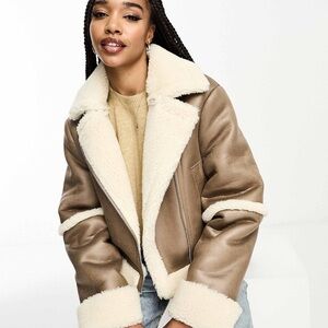 ASOS Tan Shearling Jacket with Cream Trim